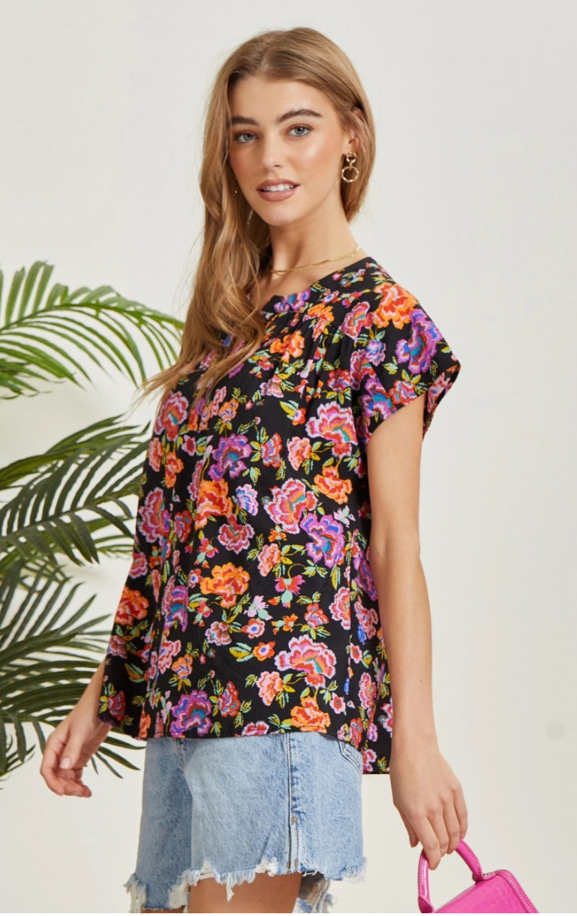 Floral Black Multi SS Top