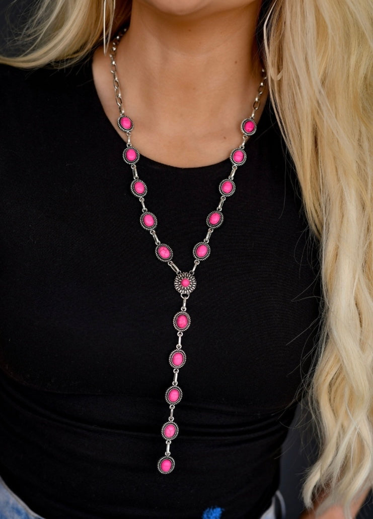 Dainty Burnished Silver Oval Pink Concho Lariat Style Necklace