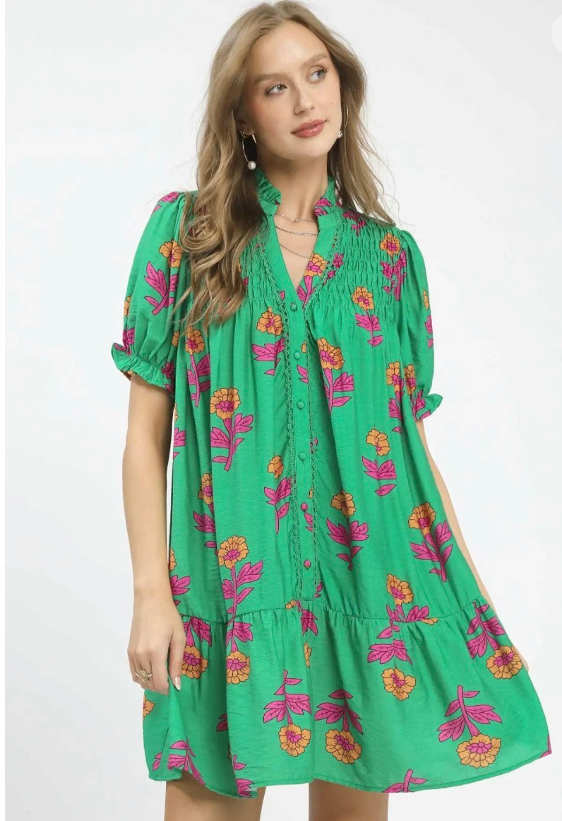 POPPY BABYDOLL GREEN MIX DRESS