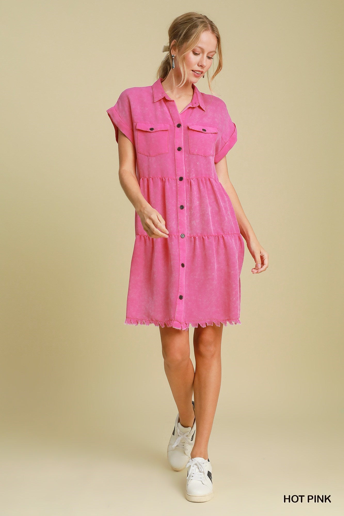 COLLARED TIERED PINK DRESS