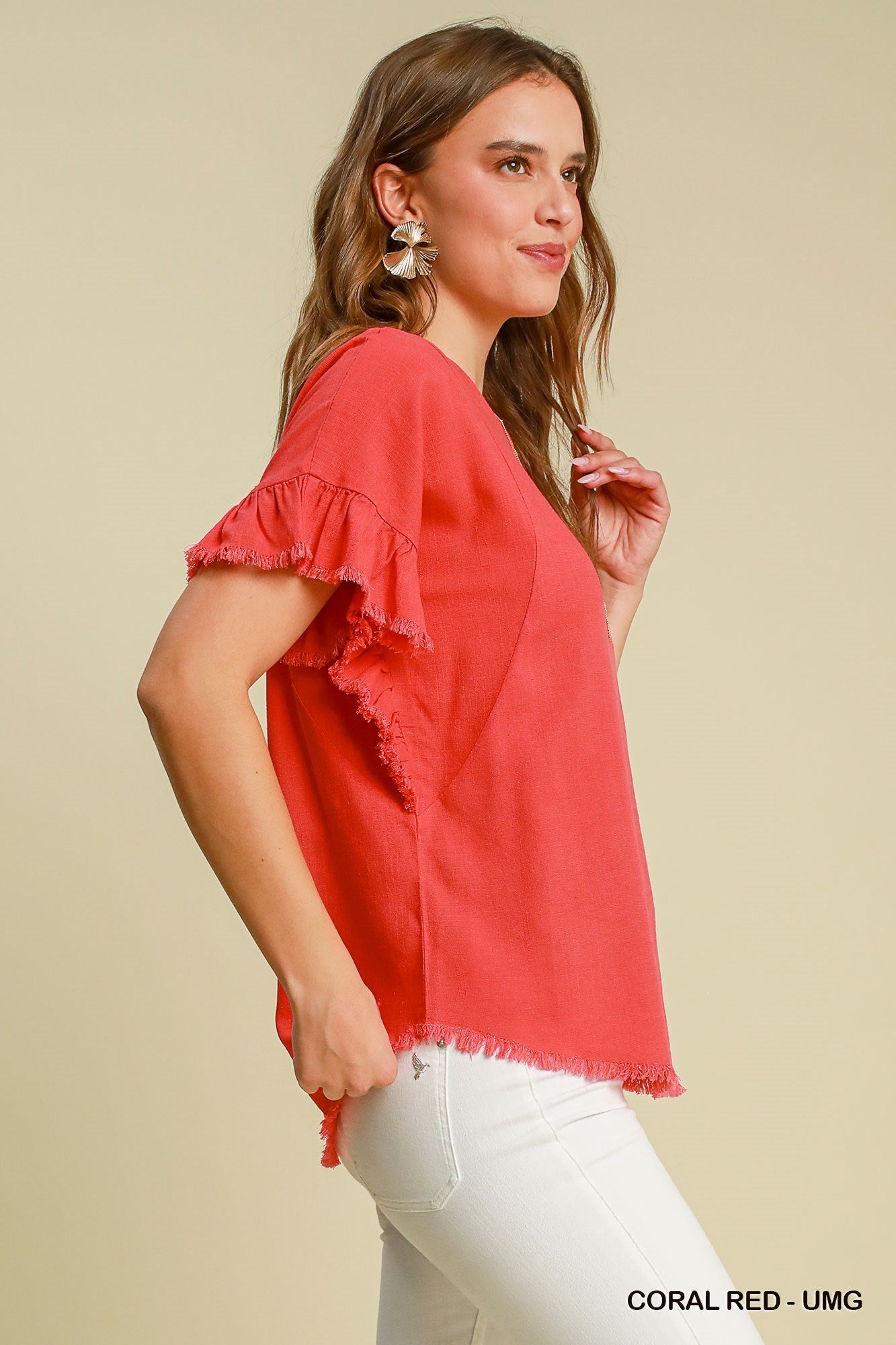 LINEN RUFFLE ROUND NECK CORAL TOP