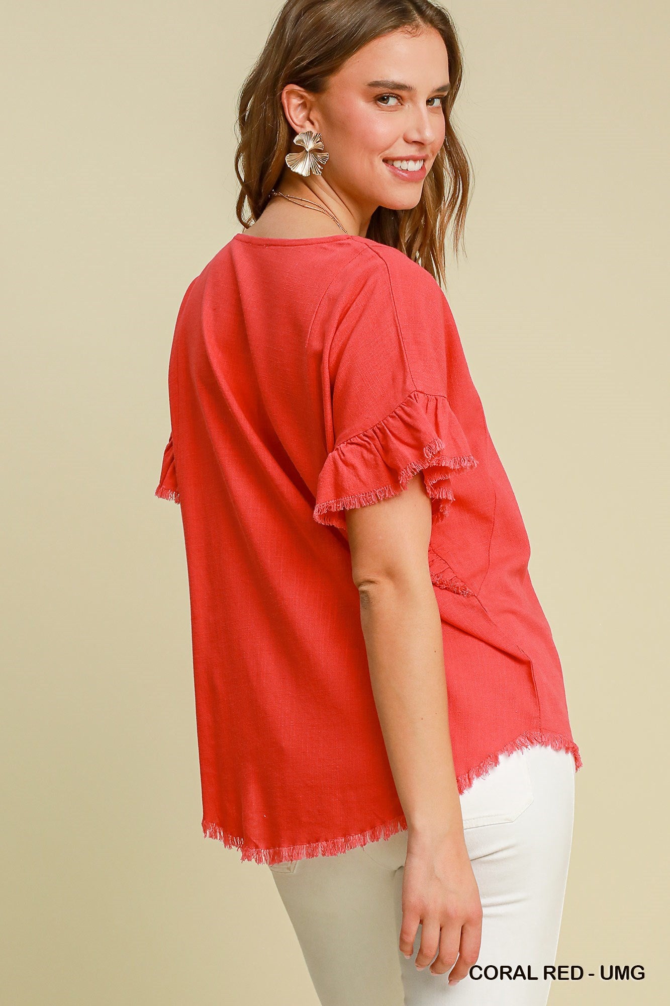 LINEN RUFFLE ROUND NECK CORAL TOP