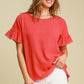 LINEN RUFFLE ROUND NECK CORAL TOP