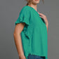 LINEN RUFFLE ROUND NECK JADE GRN TOP