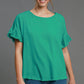 LINEN RUFFLE ROUND NECK JADE GRN TOP
