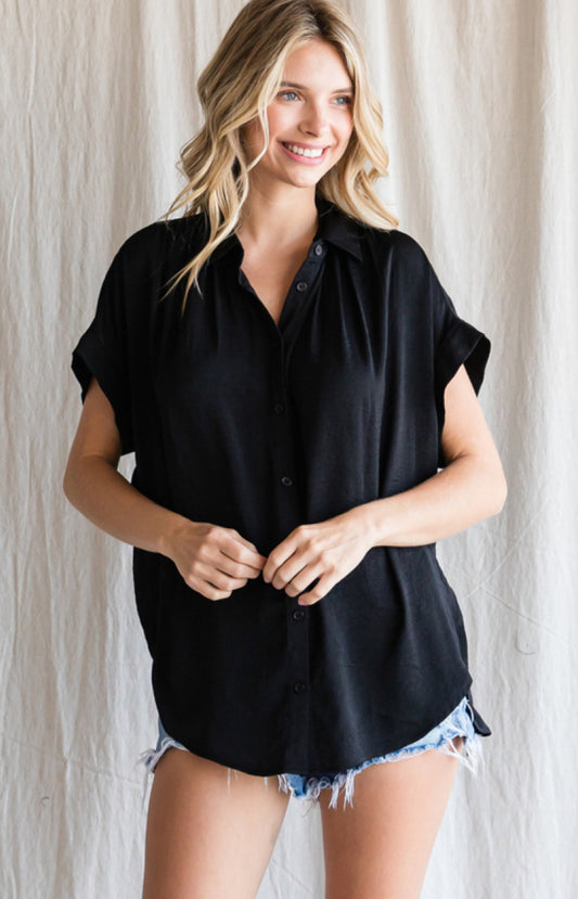 Black Silk Button Down Top