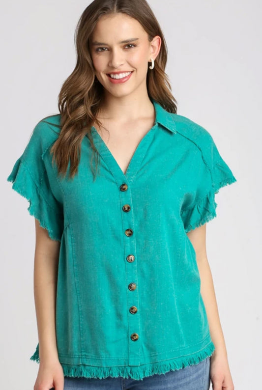 Green Linen Button Down Top