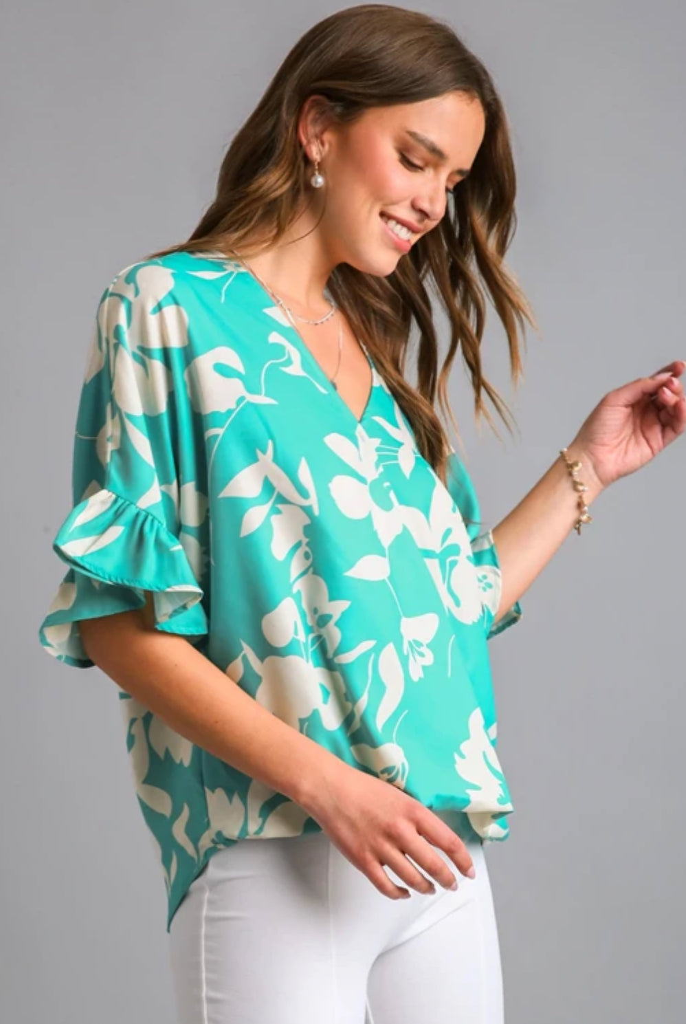 Teal Flower Print SS Top