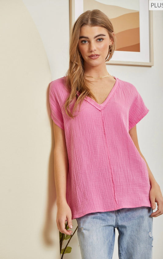 Pink Gauze V-Neck Top