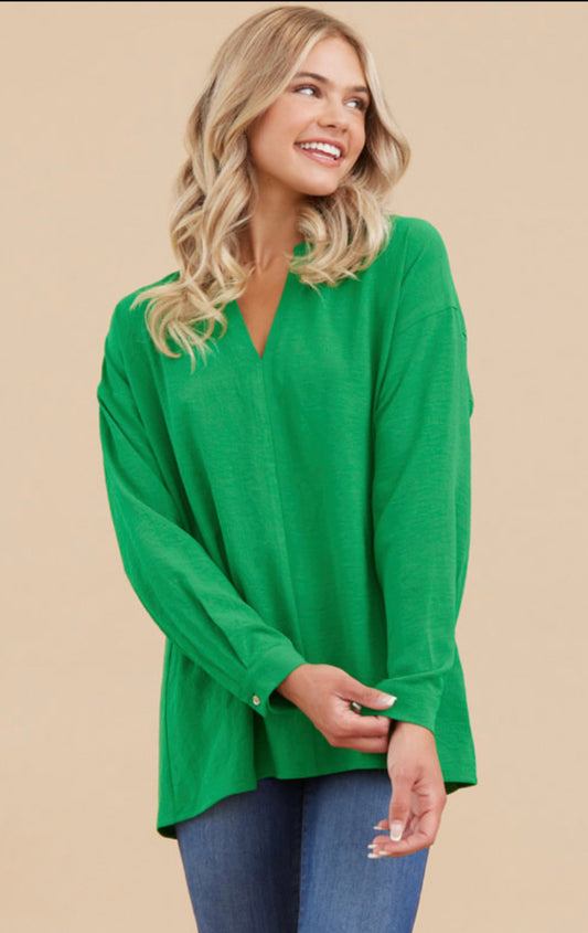 V-Neck Green Button Sleeve Top