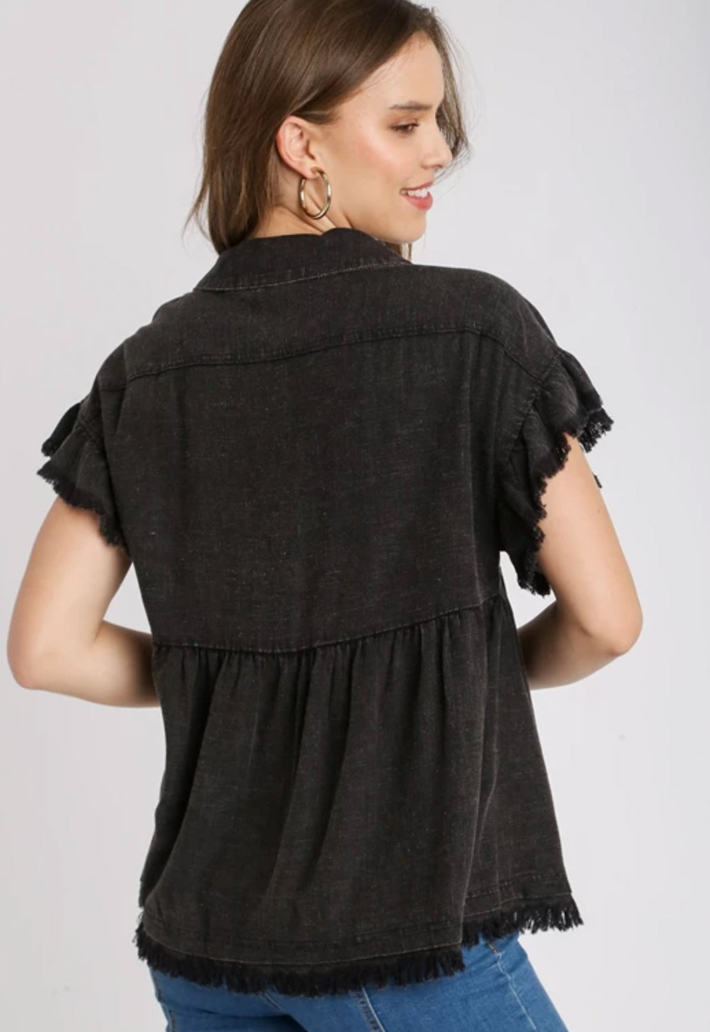 Black Linen Button Down Top