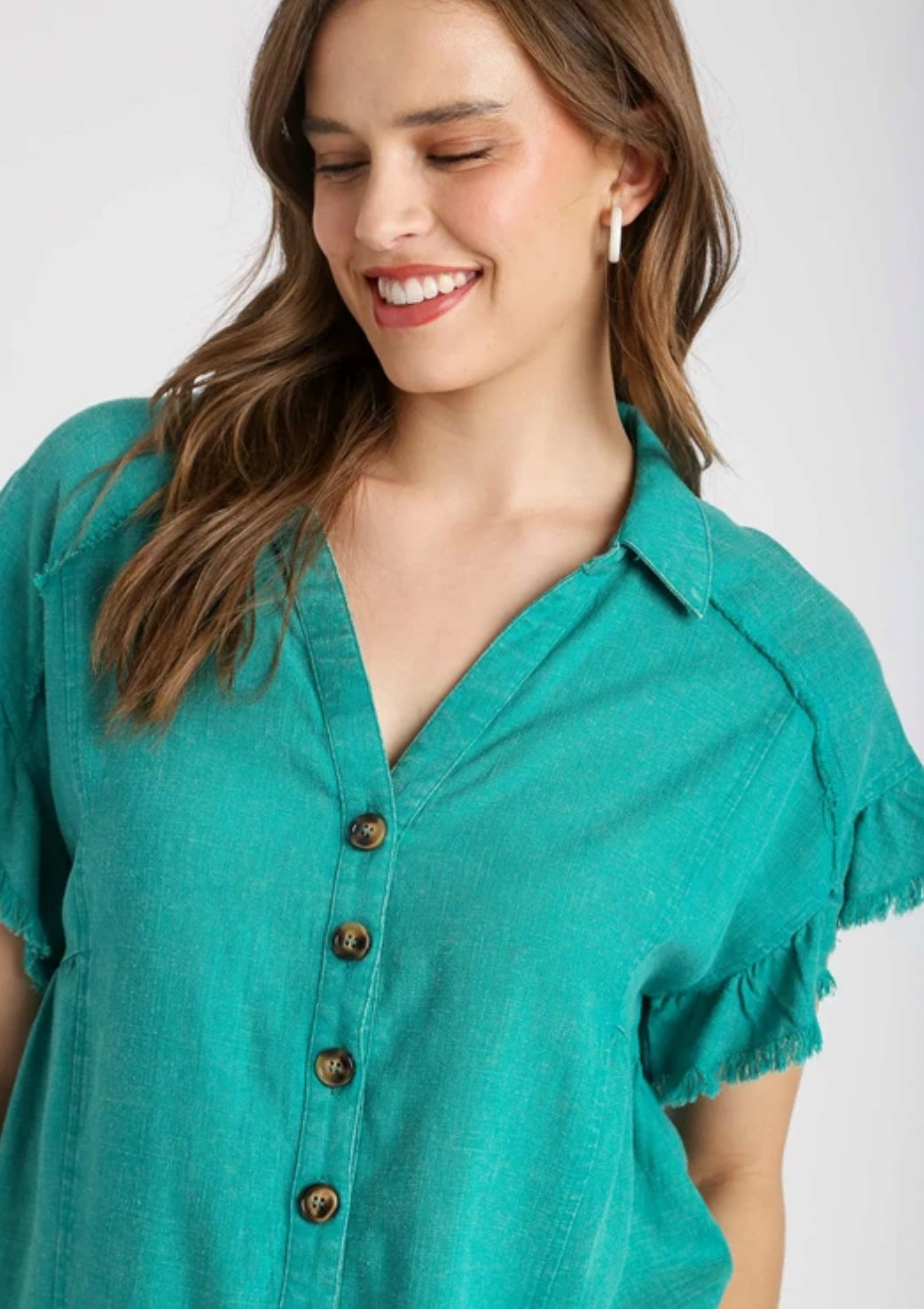 Green Linen Button Down Top