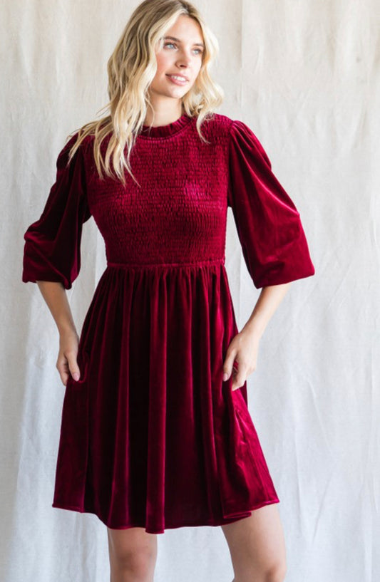 Velvet Wine LS Ruffle Dress