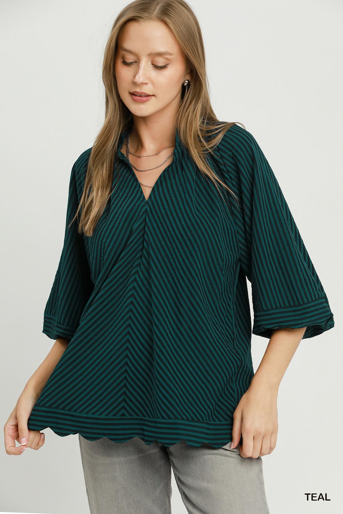 V-NECK TEAL STRIPE TOP