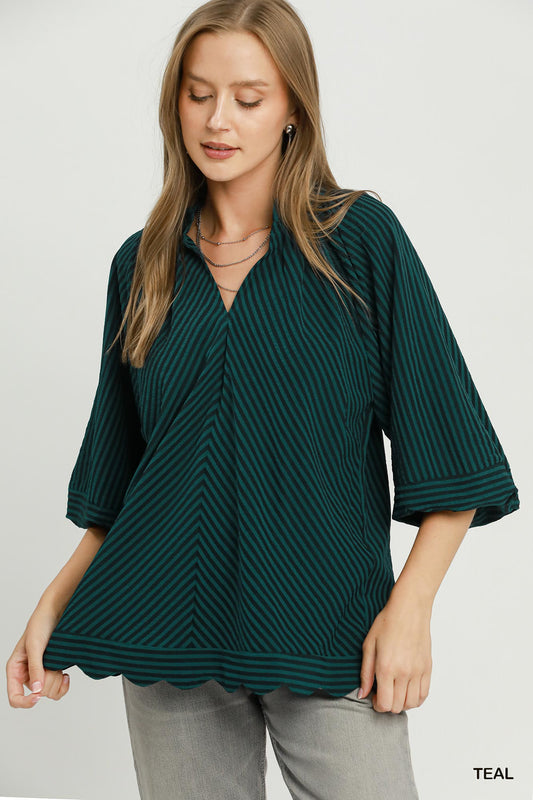 V-NECK TEAL STRIPE TOP