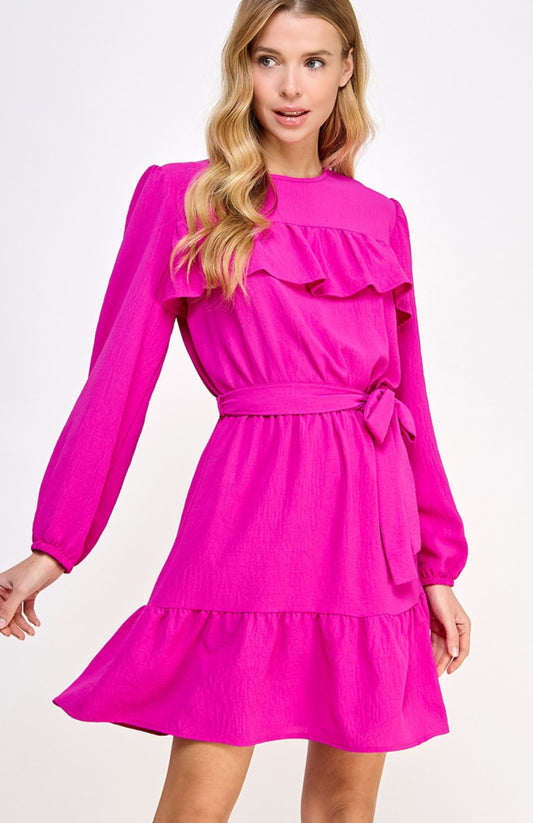 Wmns Yoke LS Fuchsia Dress