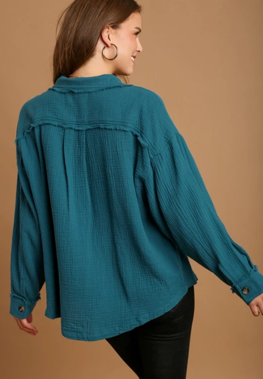 Button Up Teal LS Top