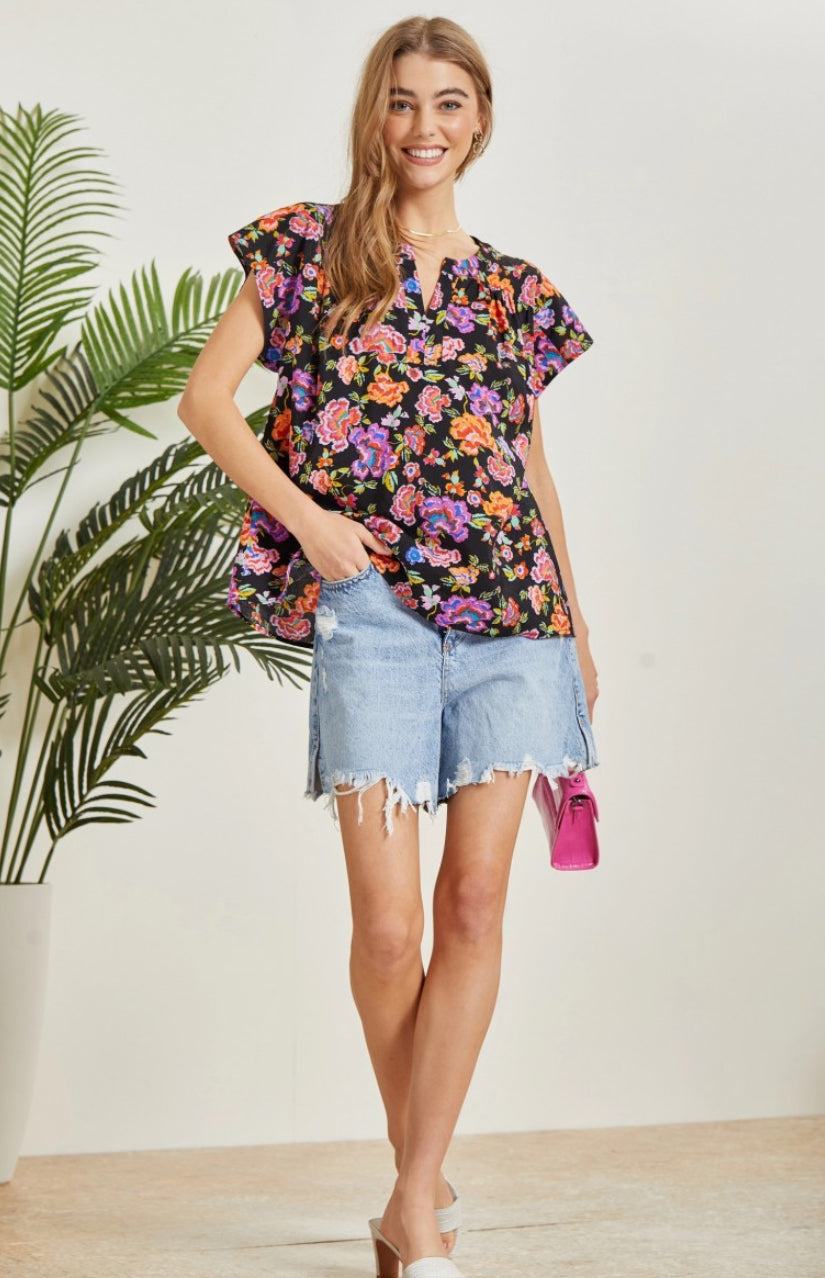 Floral Black Multi SS Top