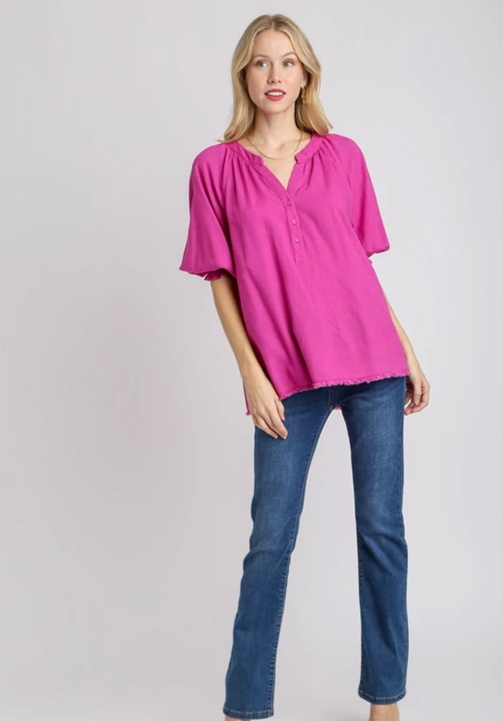 Linen VNeck Raspberry SS Top