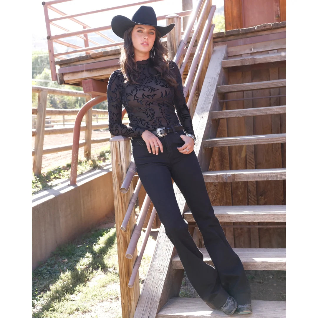 WOMENS BURNOUT BLACK MESH LONG SLEEVE