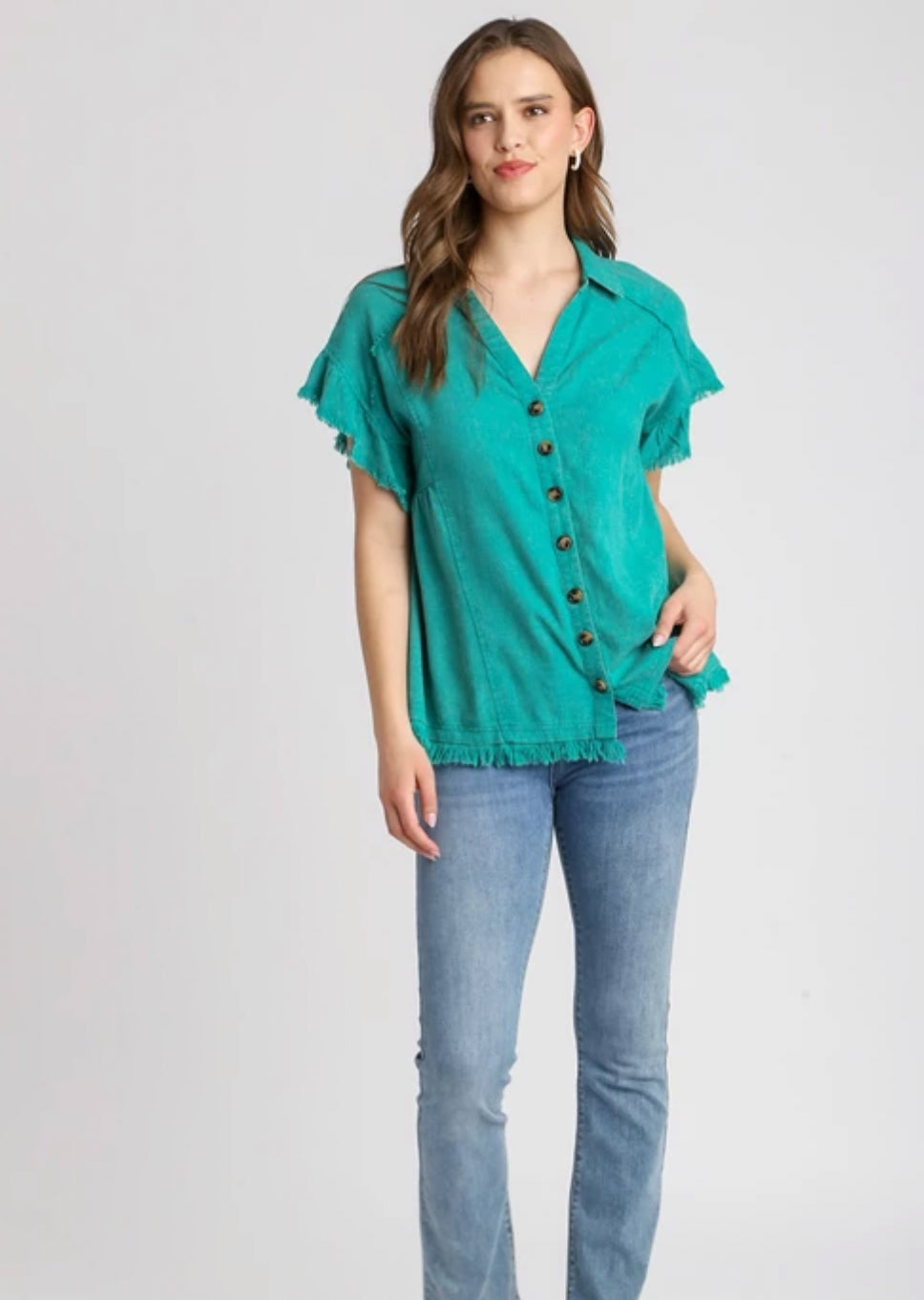 Green Linen Button Down Top