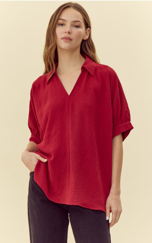 Collared Burgundy Puff Sleeve Top