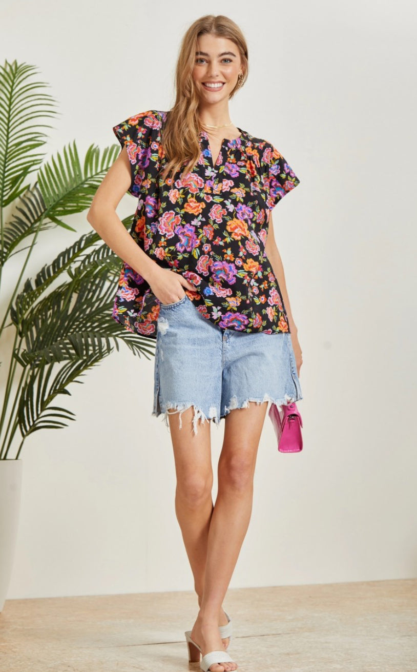 Floral Black Multi SS Top