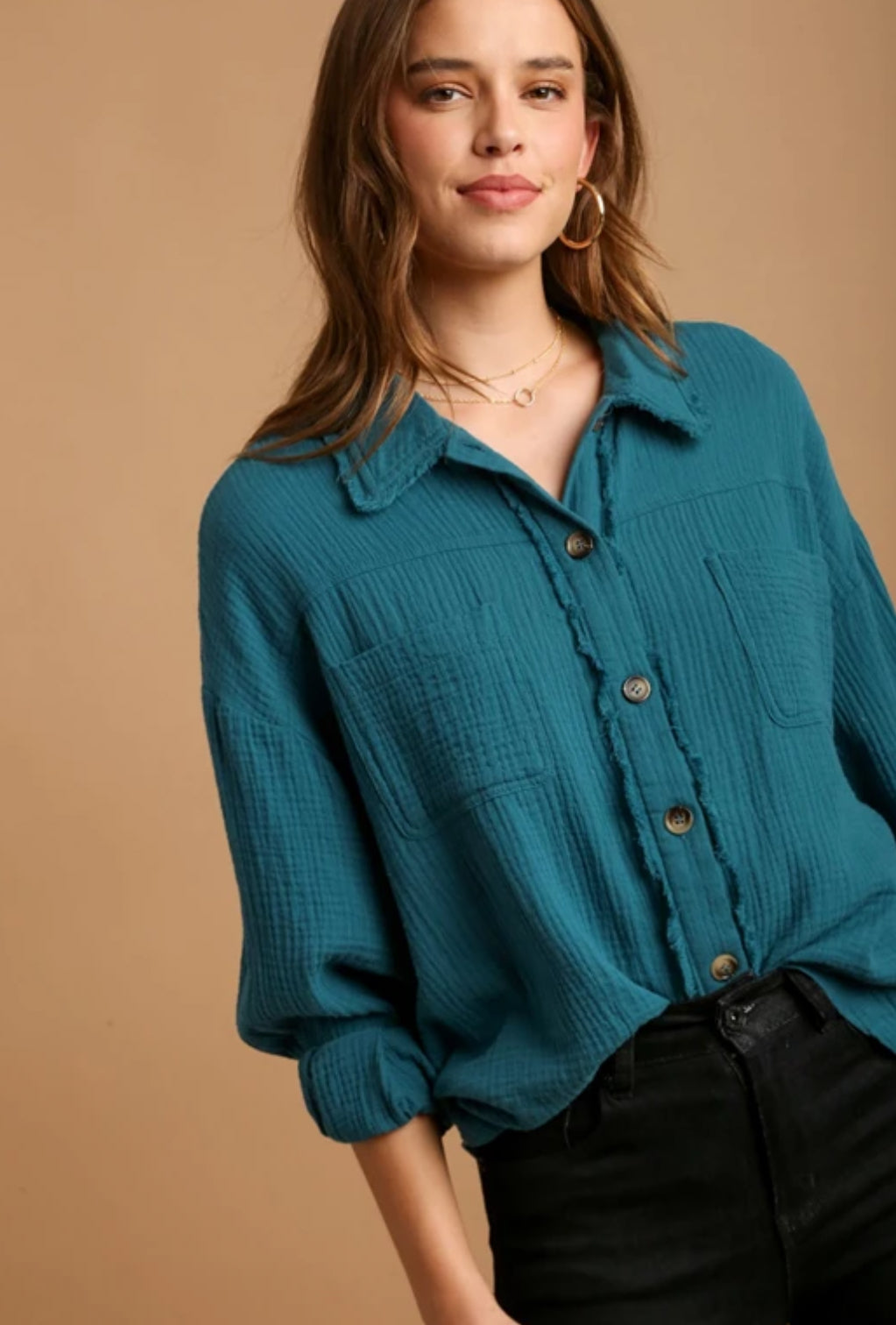 Button Up Teal LS Top