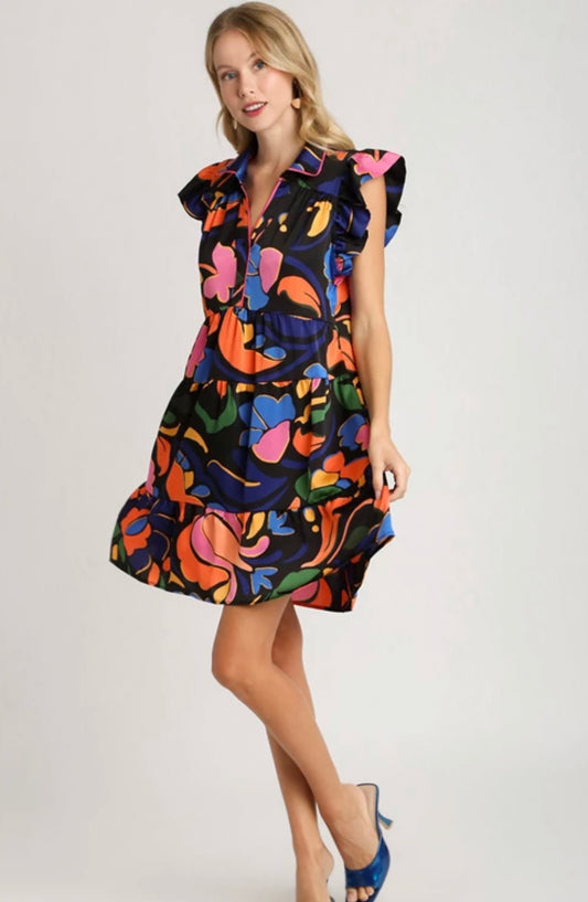 Satin Print Collared Flutter Dress