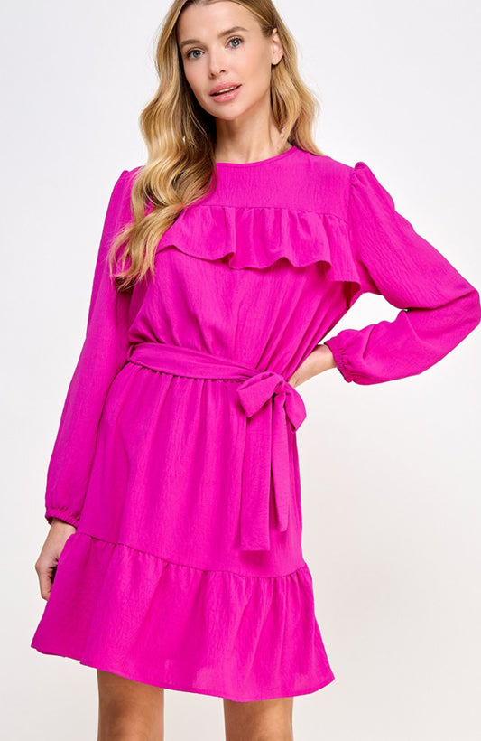 Wmns Yoke LS Fuchsia Dress