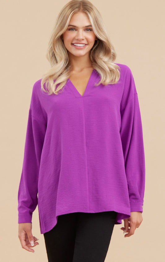 V-Neck Purple Button Sleeve Top