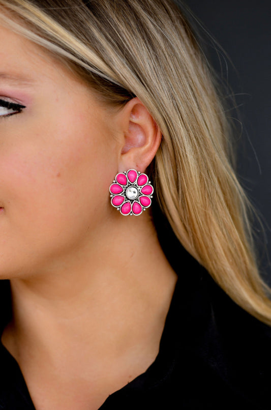 Burnished Silver Pink and Rhinestone Flower Stud Earring