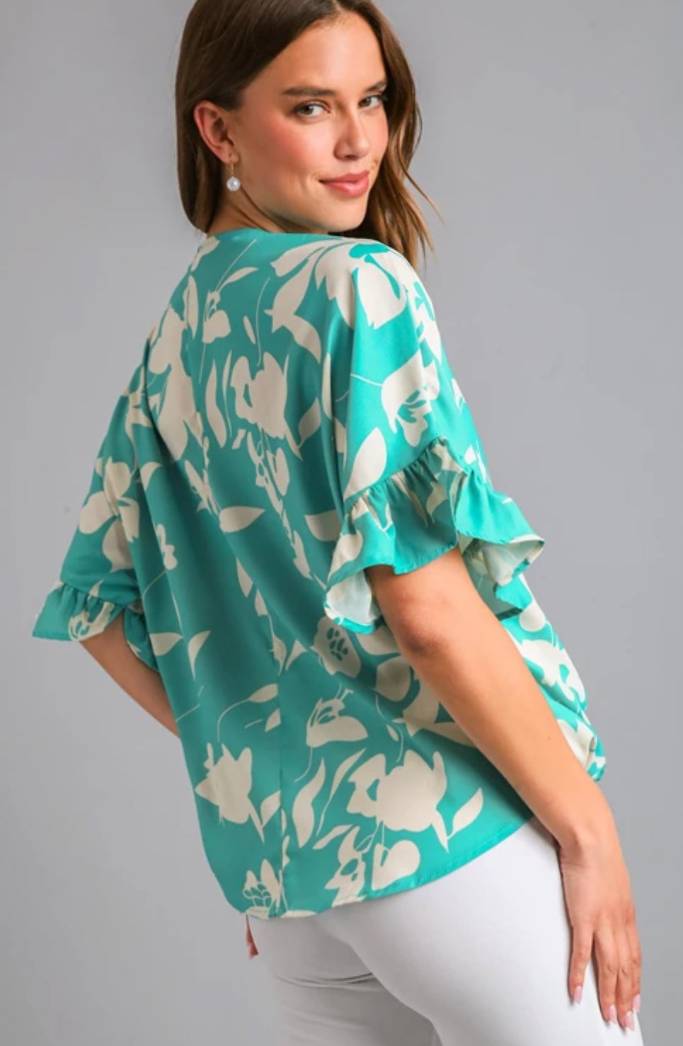 Teal Flower Print SS Top