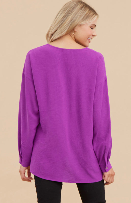 V-Neck Purple Button Sleeve Top