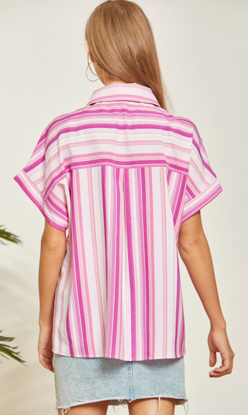 Magenta Stripe Button-Up Top