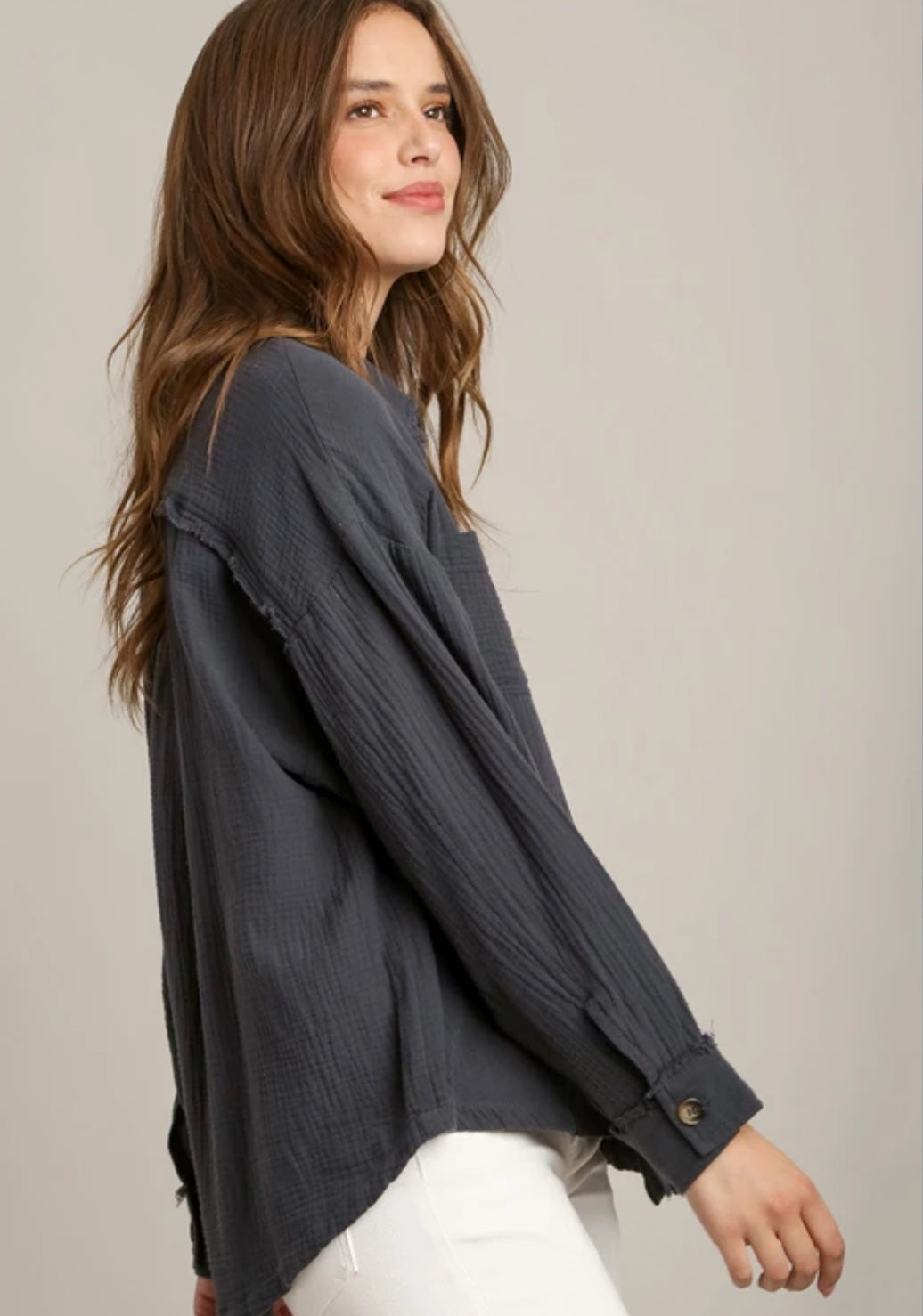 Button Up Blue Ash LS Top