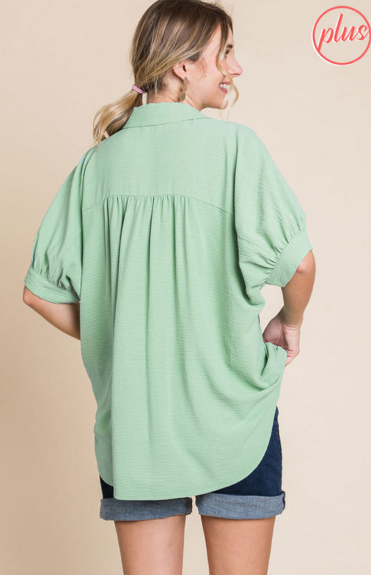 Collared Aloe Puff Sleeve Top