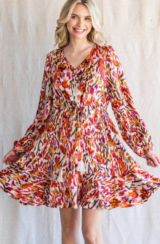 Mixed Color Ruffle Tie LS Dress