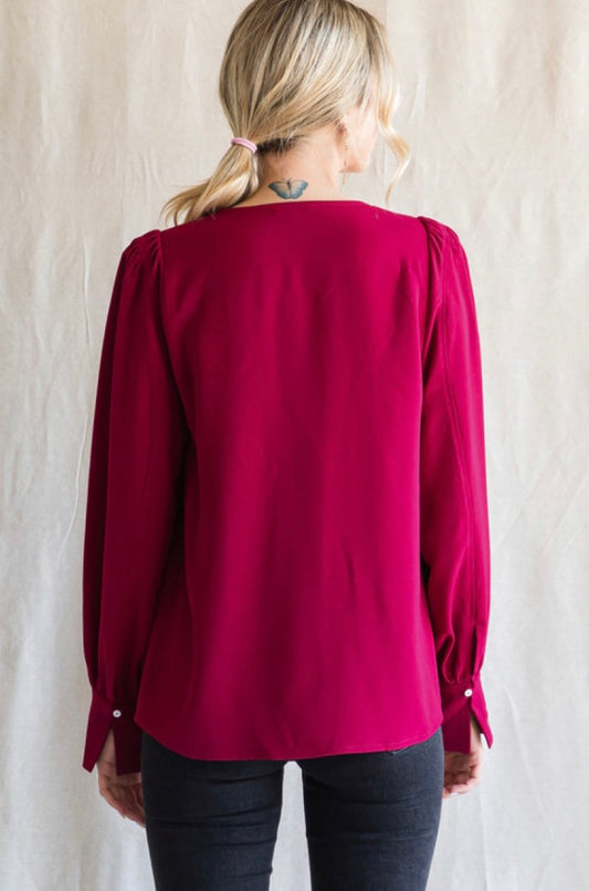 V-Neck Bubble Sleeve Burgundy LS