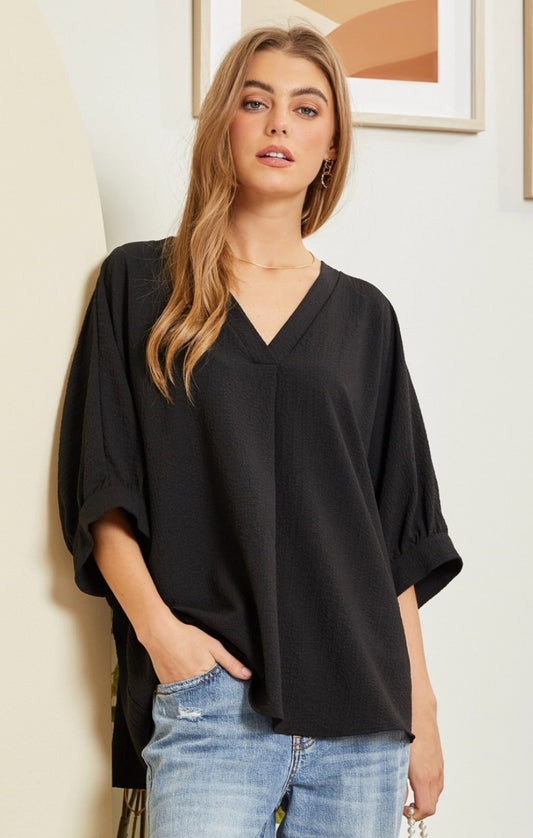 V-Neck Black 3/4 Slv Top