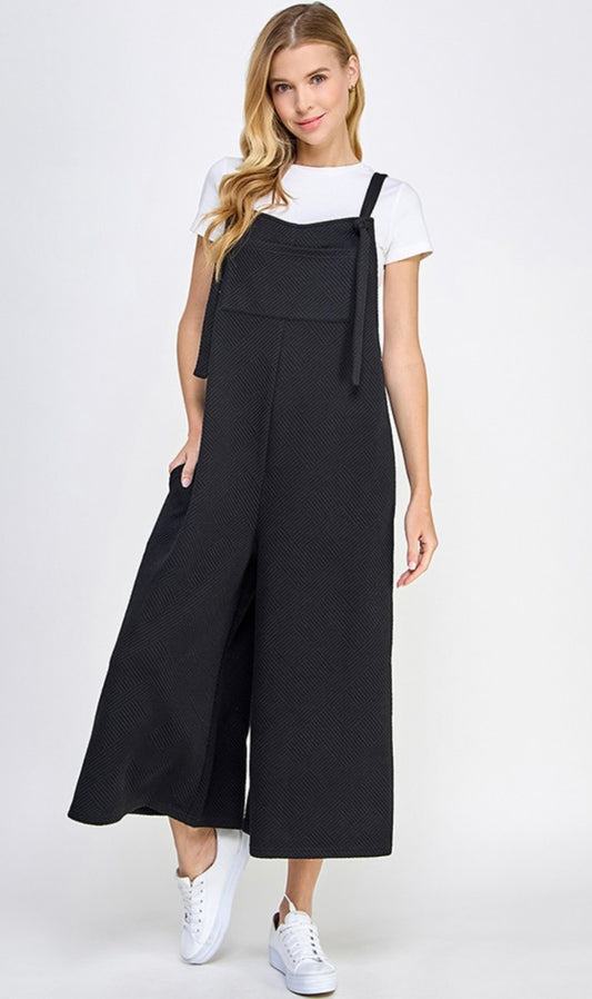 Textured Crop Black Overalls