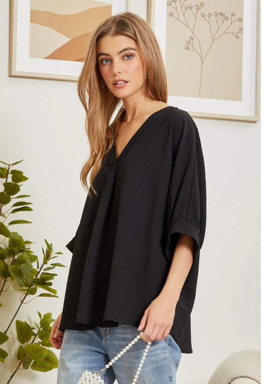 V-Neck Black 3/4 Slv Top