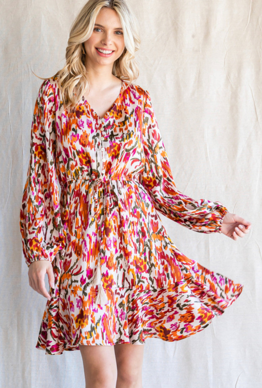 Mixed Color Ruffle Tie LS Dress