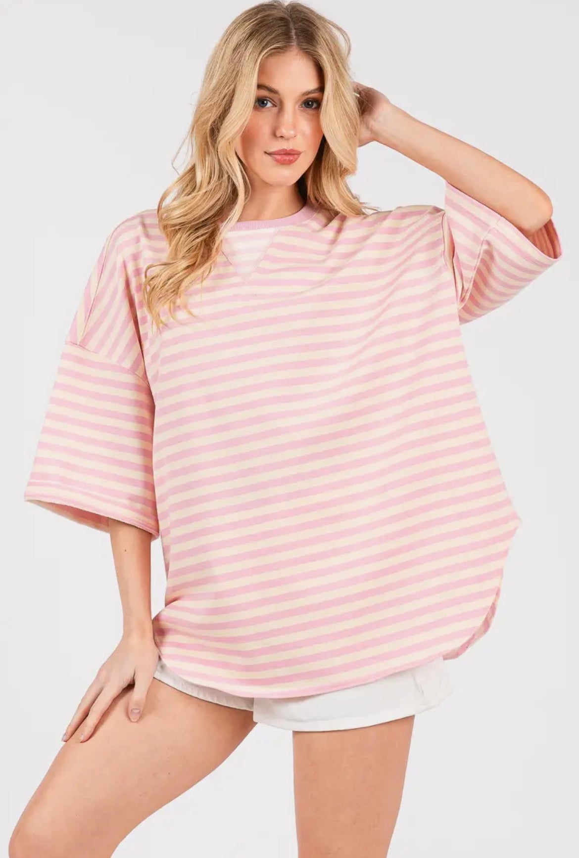 STRIPED SS CREAM/PINK TOP
