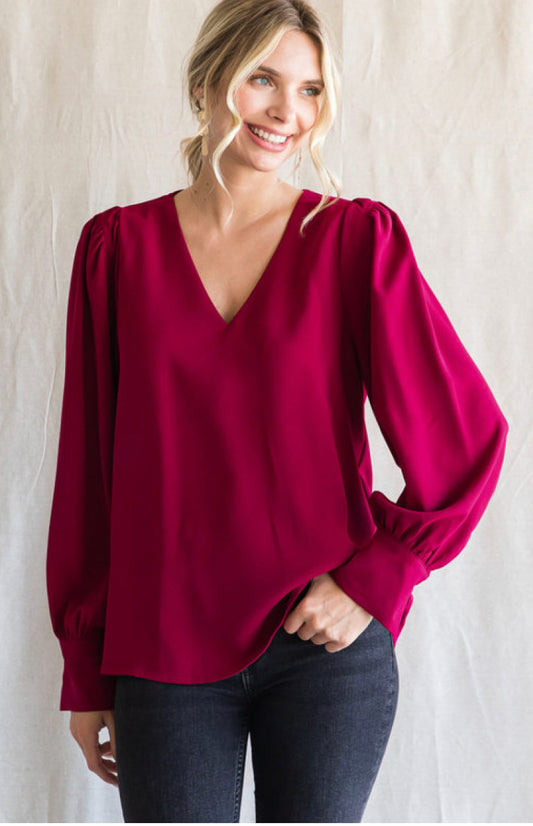 V-Neck Bubble Sleeve Burgundy LS