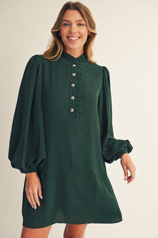 BUTTON 1/4 SLEEVE MIDI HUNTER GREEN DRESS