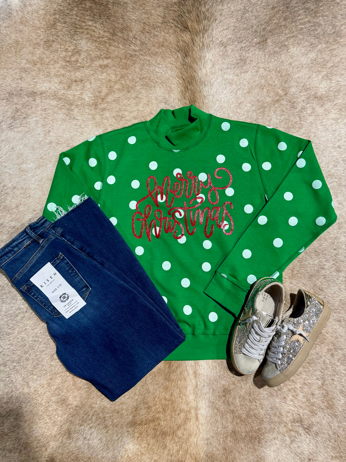POLKA-DOT MERRY CHRISTMAS GREEN SWEATER