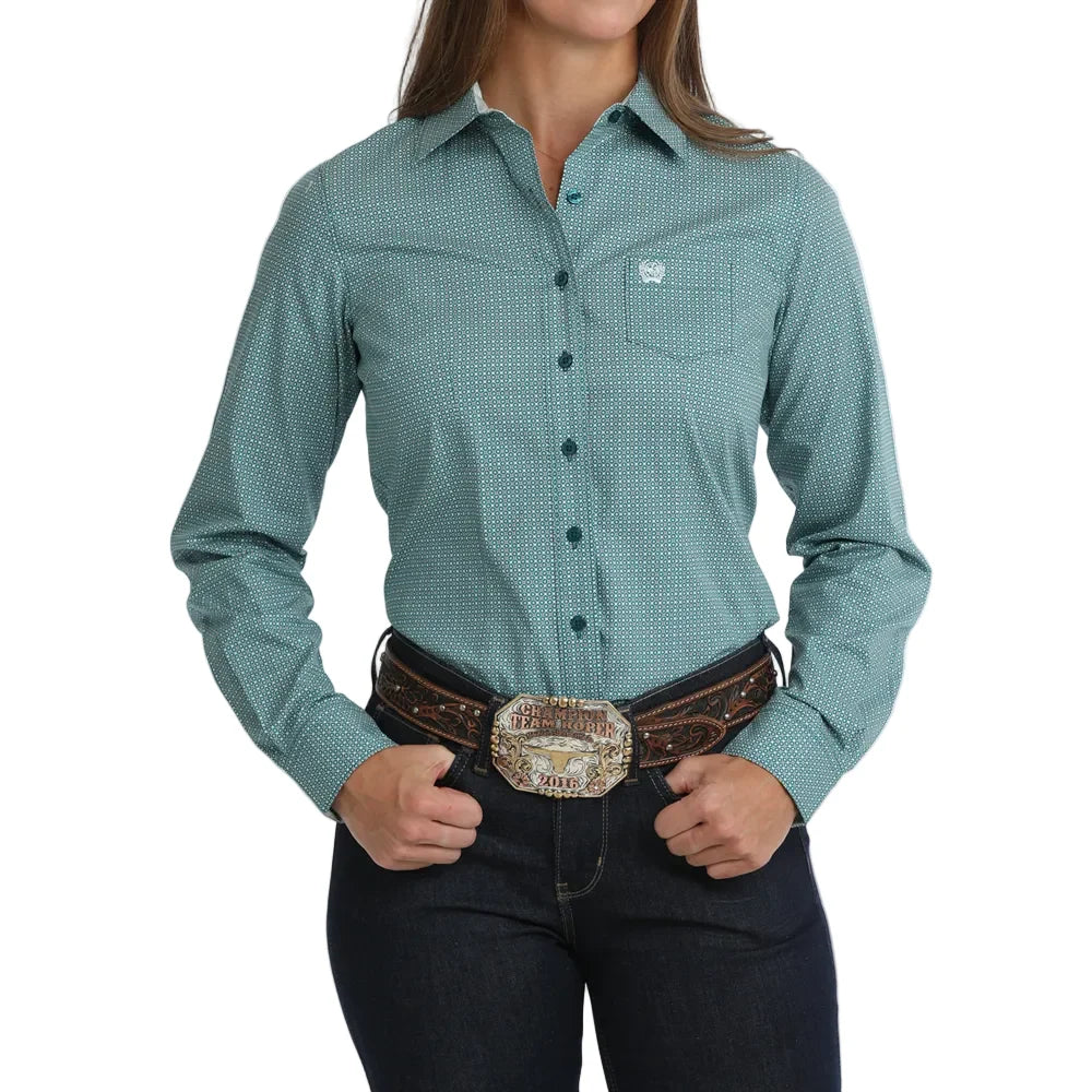 WOMENS TEAL PRINTED LS TOP