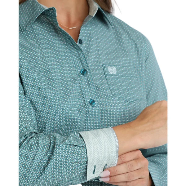 WOMENS TEAL PRINTED LS TOP