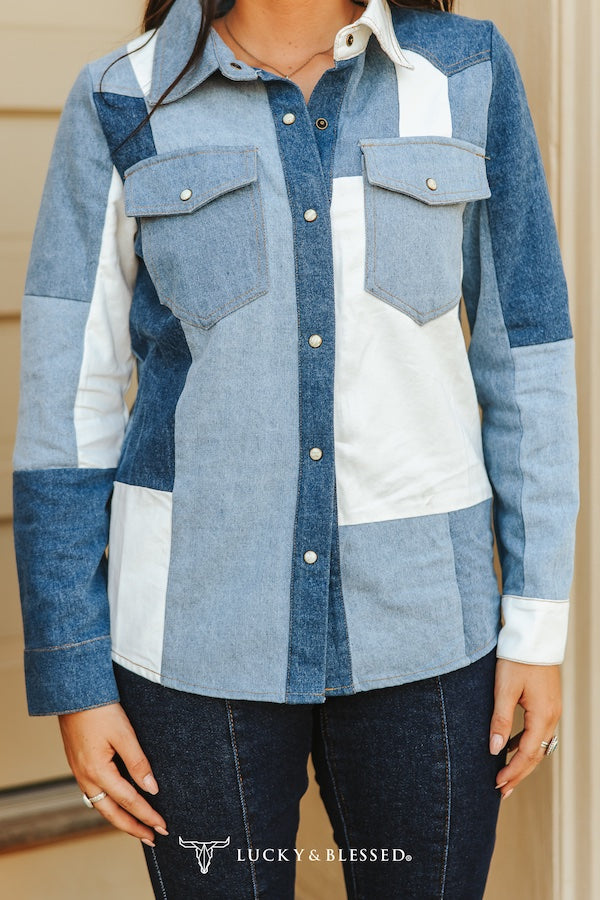 PATCHWORK DENIM PSNAP LONG SLEEVE